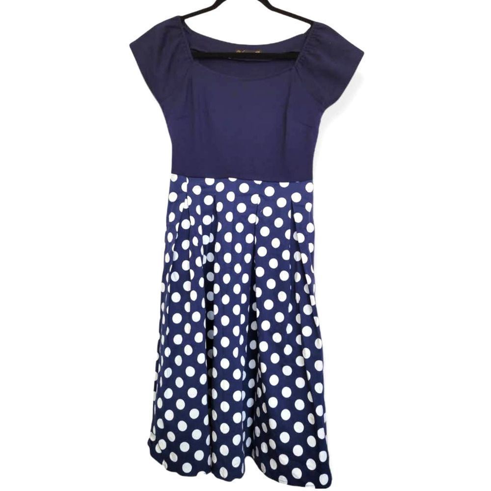 VFemage Polka Dot Navy Solid Short Sleeve Dress M